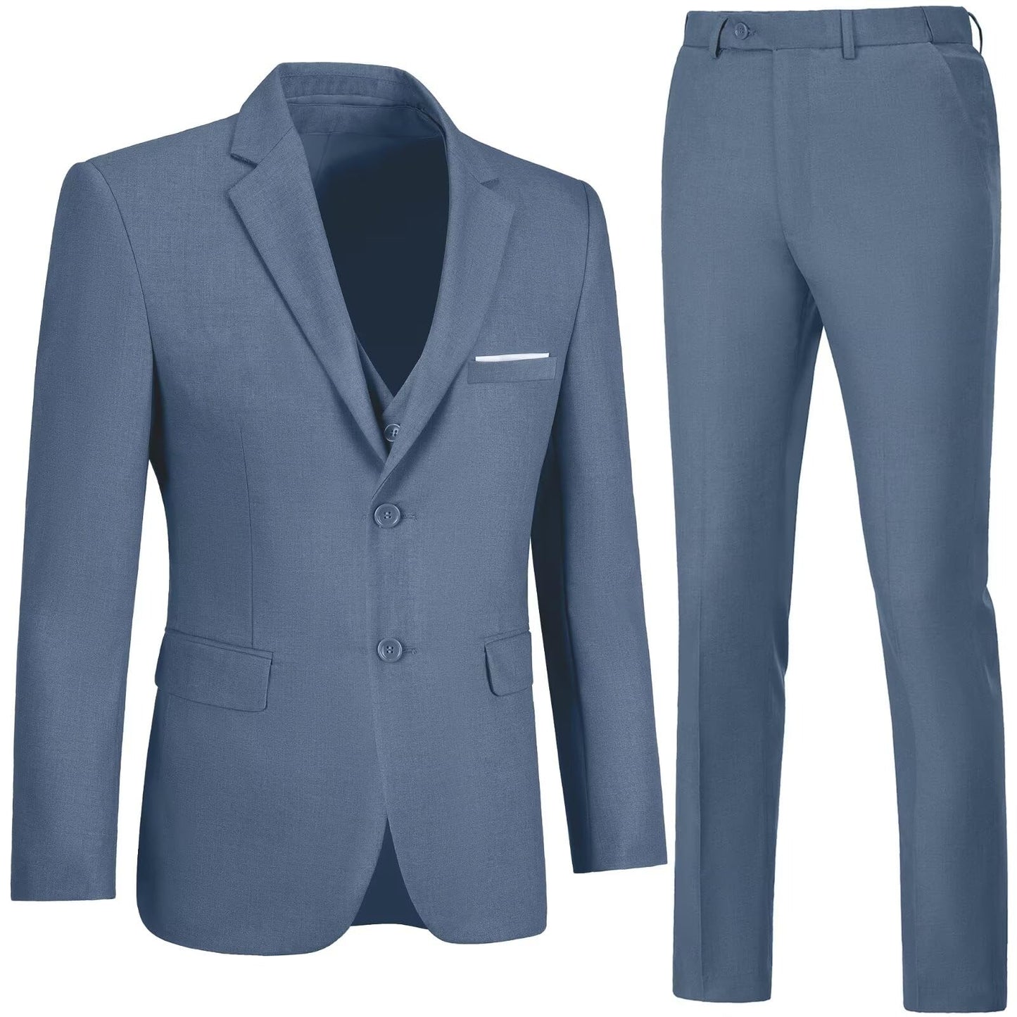 Men Formal Suit Slim Fit 3 Piece Denim Blue Suit for Men Dress Suit Blazer Vest Pants Set 2 Button Solid Suit Men Wedding Groom Dress Suit Tux S