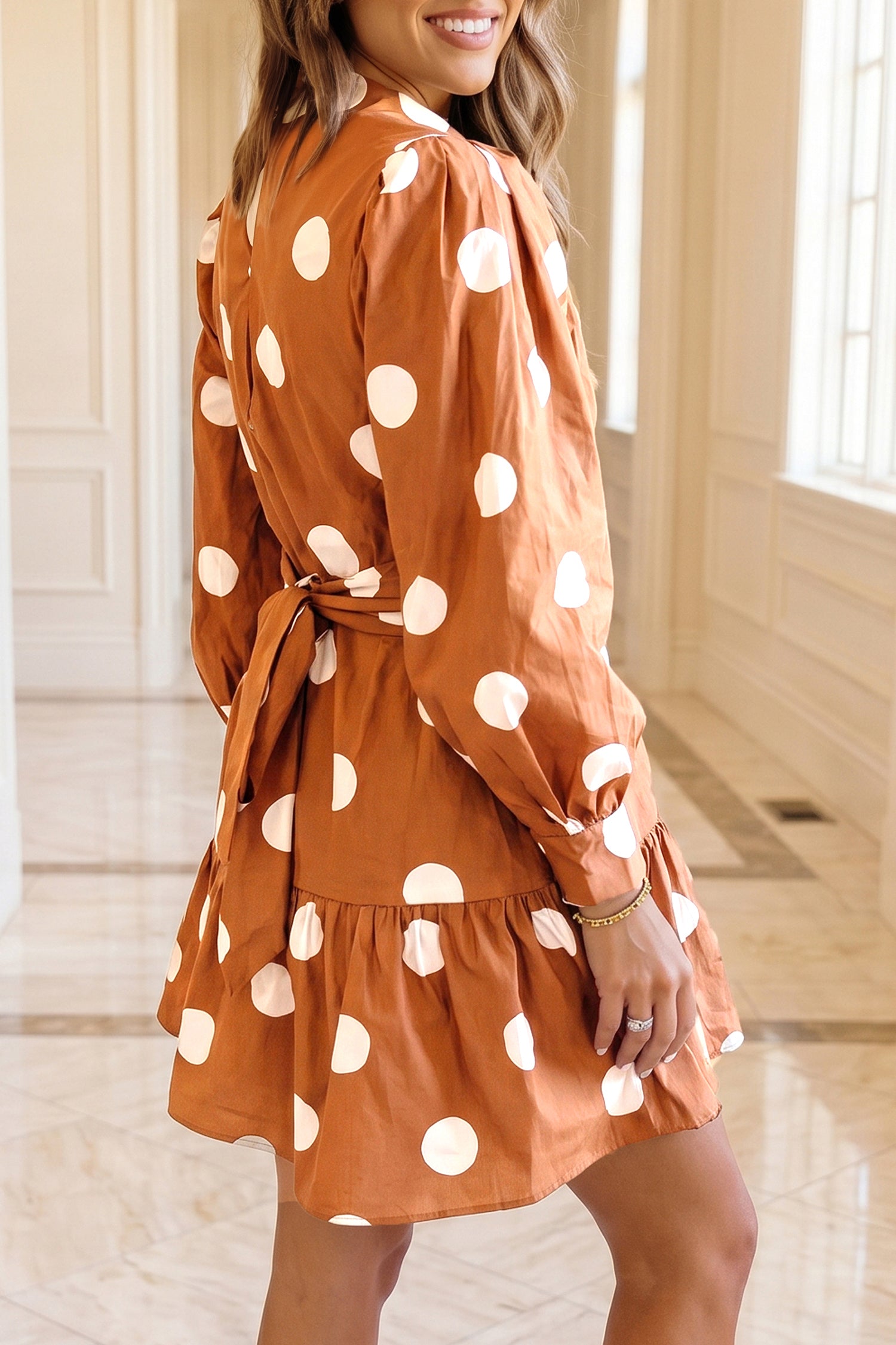 Brown Polka Dot Long Sleeve Tie Waist Casual Shift Mini Dress – Jireh Threads