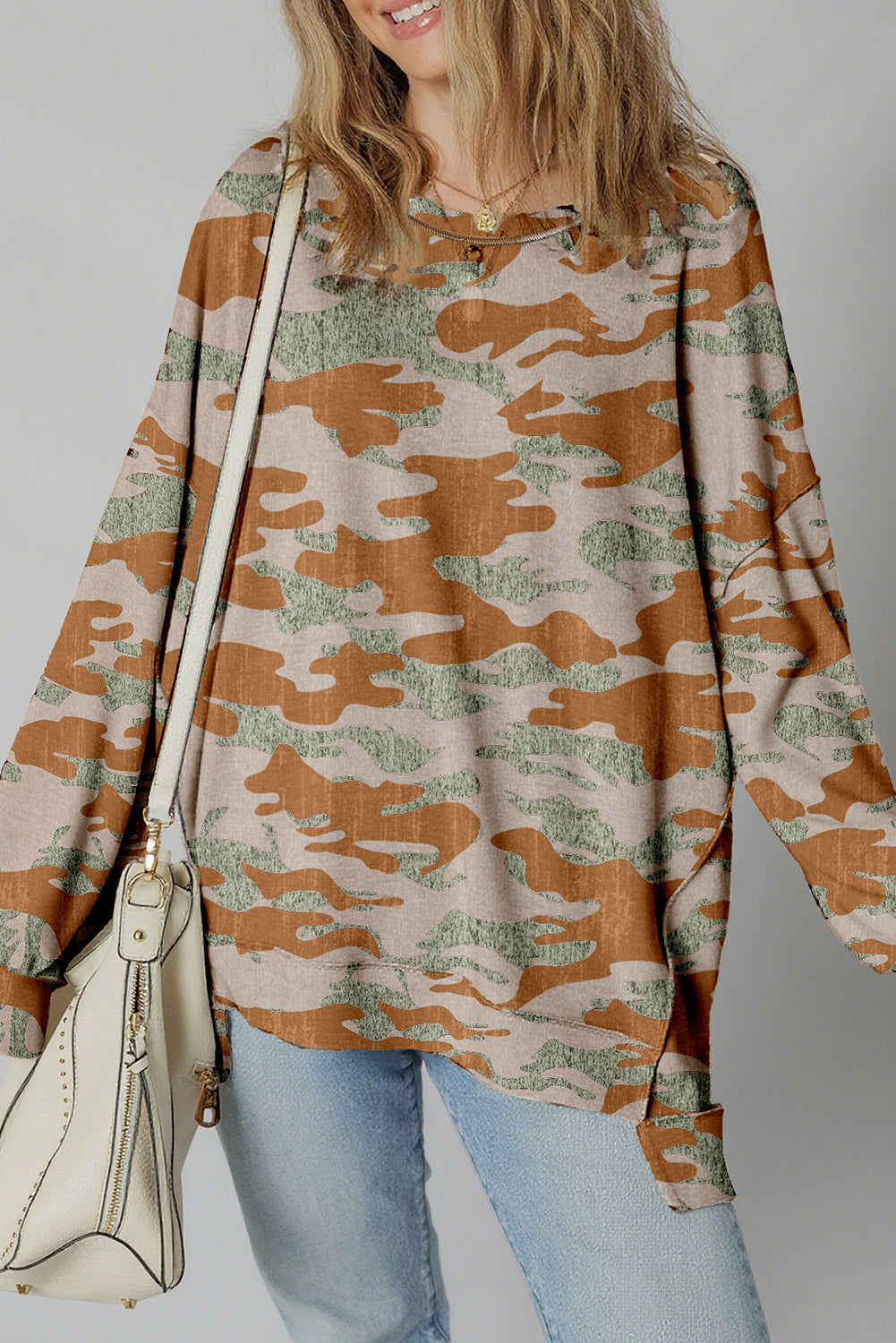 Green Retro Camouflage Print Exposed Seam Patchwork Drop Shoulder Sweatshirt