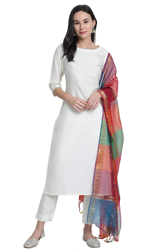 Janasya Indian Womens Beige Block Print Kurta with Palazzo and Dupatta