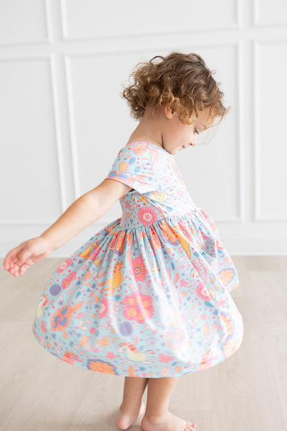 SALE Blue Retro Unicorns S/S Pocket Twirl Dress