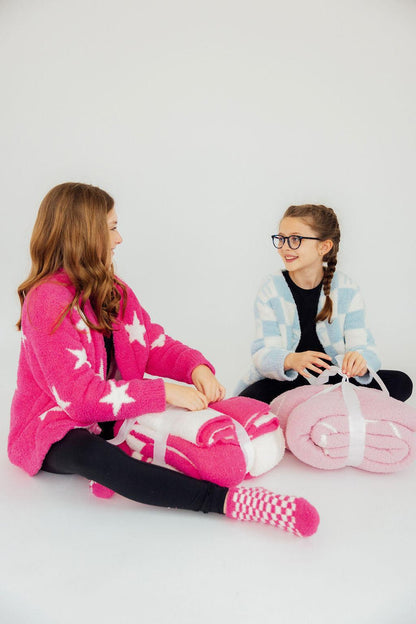 Bright Pink Checker Bow Cozy Blanket