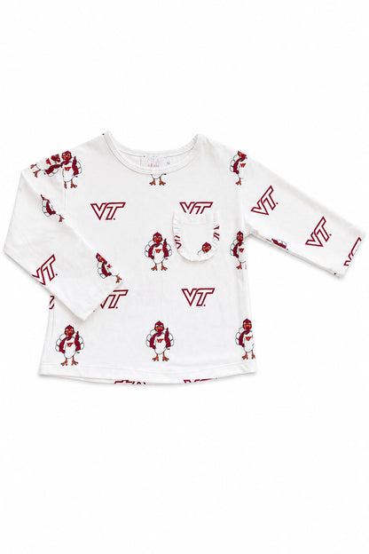 Virginia Tech White Hokie L/S Ruffle Pocket Tee