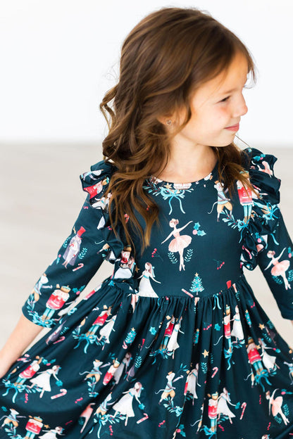 Christmas Ballet 3/4 Sleeve Ruffle Twirl Dress
