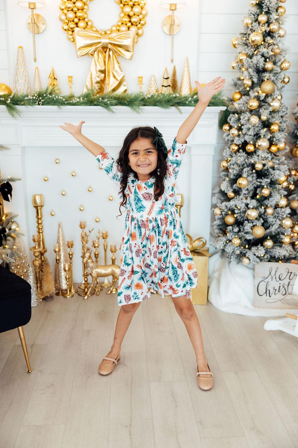 Classic Christmas 3/4 Sleeve Ruffle Twirl Dress