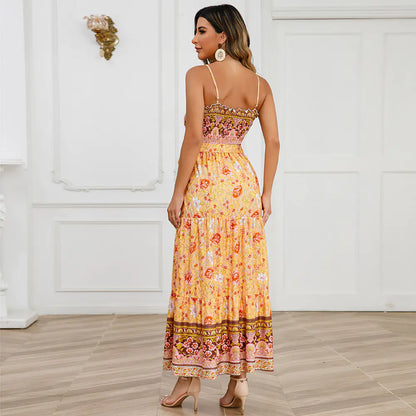 Summer Vintage Floral Backless Maxi Dress