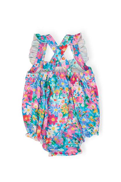 Preppy Floral Ruffle Cross Back Romper