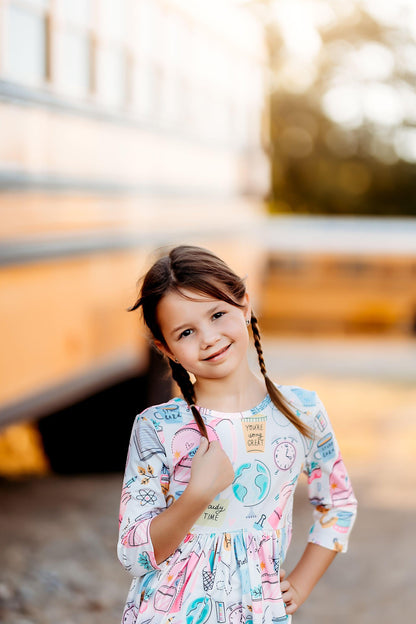 School is Cool 3/4 Sleeve Pocket Twirl Dress