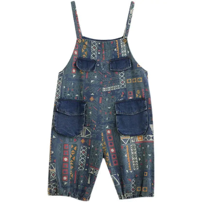 Printed Denim Lantern Strap Pants