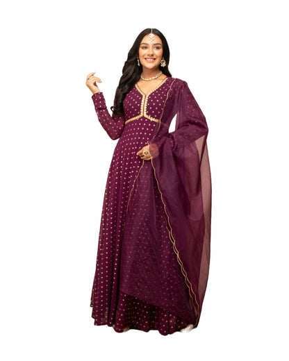 FIORRA Womens Wine Georgette Printed Gown with Dupatta SET0129