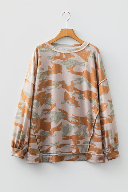 Green Retro Camouflage Print Exposed Seam Patchwork Drop Shoulder Sweatshirt