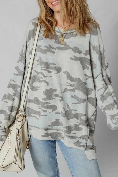 Green Retro Camouflage Print Exposed Seam Patchwork Drop Shoulder Sweatshirt