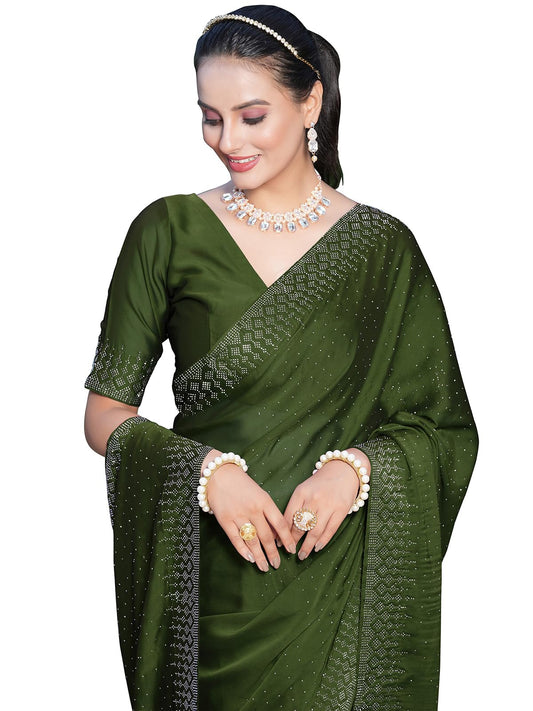 SIRIL Womens Georgette Dyed & Hot Fixing Saree with Unstitched Blouse Piece (3186S132_Olive Green)