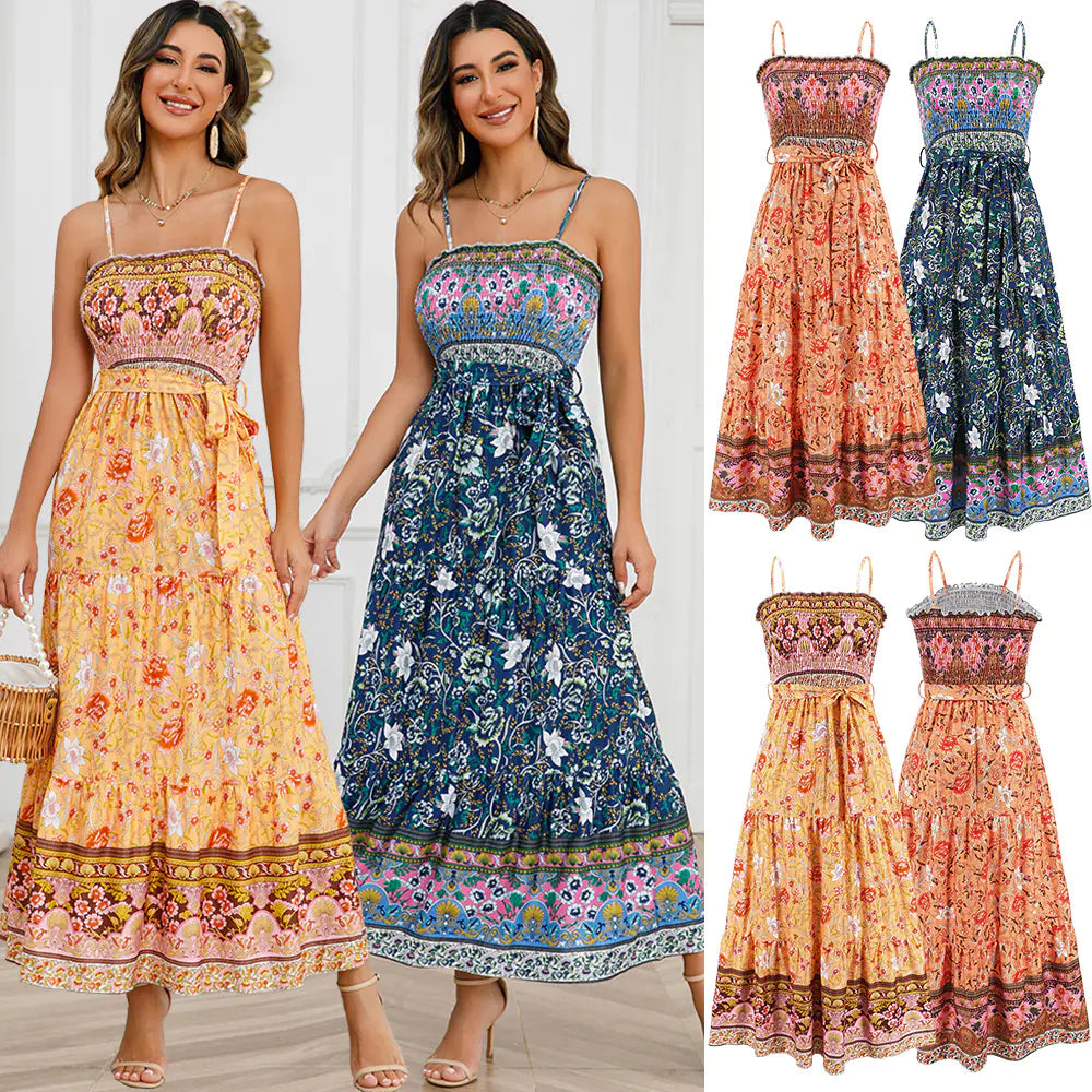 Summer Vintage Floral Backless Maxi Dress
