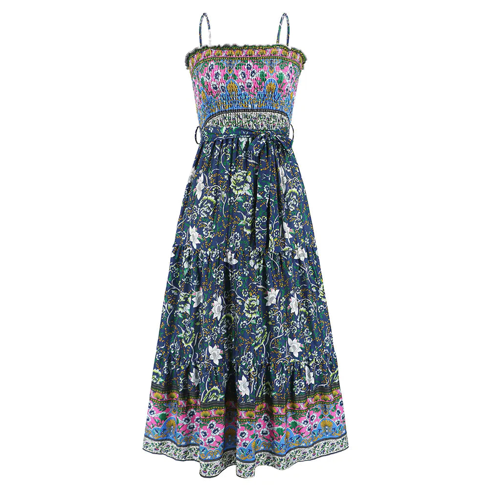 Summer Vintage Floral Backless Maxi Dress