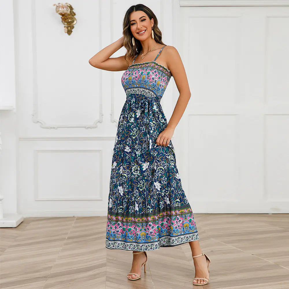 Summer Vintage Floral Backless Maxi Dress