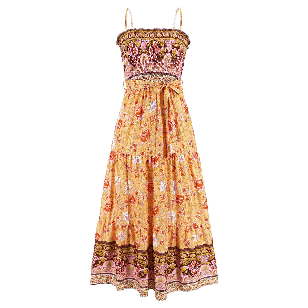Summer Vintage Floral Backless Maxi Dress