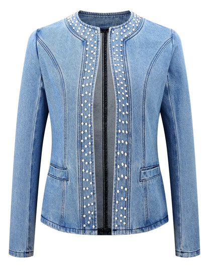 Kedera Womens Pearl Denim Jacket Long Sleeve Collarless Rivet Short Denim Coat with Pockets