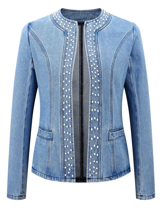 Kedera Womens Pearl Denim Jacket Long Sleeve Collarless Rivet Short Denim Coat with Pockets